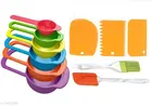 Plastic 6 Pcs Measuring Cups & Spoons with Spatula & Oil Brush with 3 Pcs Cake Scrapers (Multicolor, Set of 4)