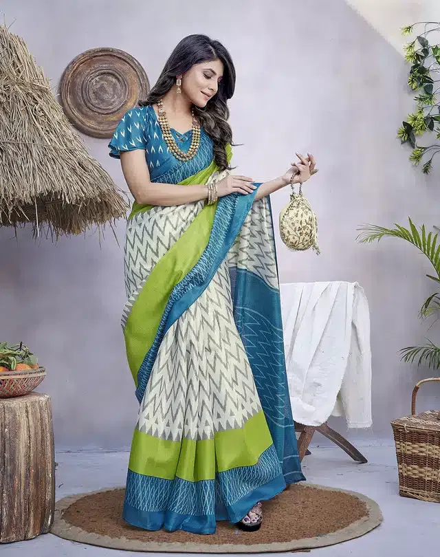 Art Silk Printed Saree for Women (Teal, 6 m)