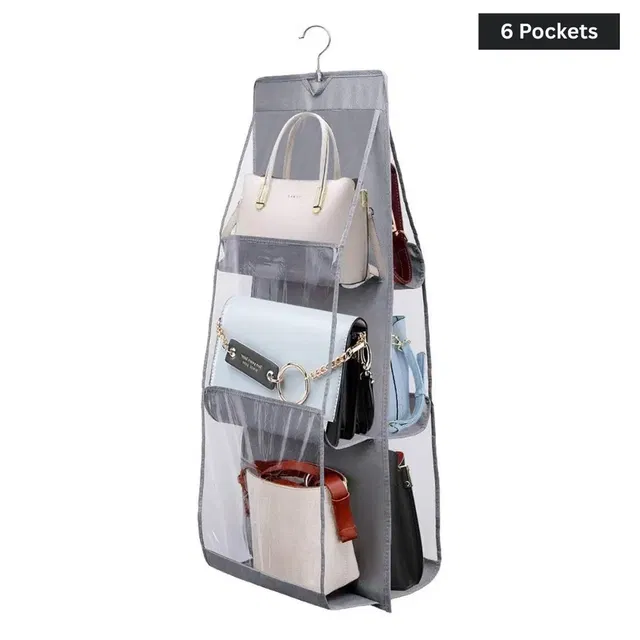 Purse Handbag Organizer 6 Pocket Foldable Large Clear Anti Dust Hanging Handbag Storage Organizer (Gray, Pack Of 1)