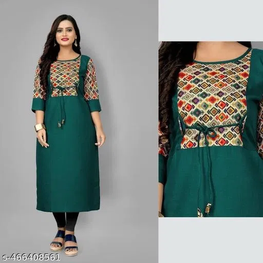 Solid Cotton Blend A-line Kurti for Women (Green, XL)