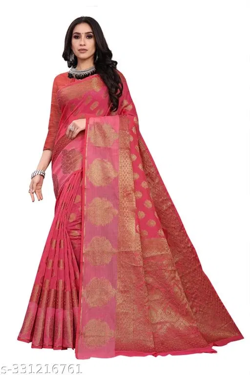 Chanderi Cotton Zari Woven Saree for Women (Pink, 6.3 m)