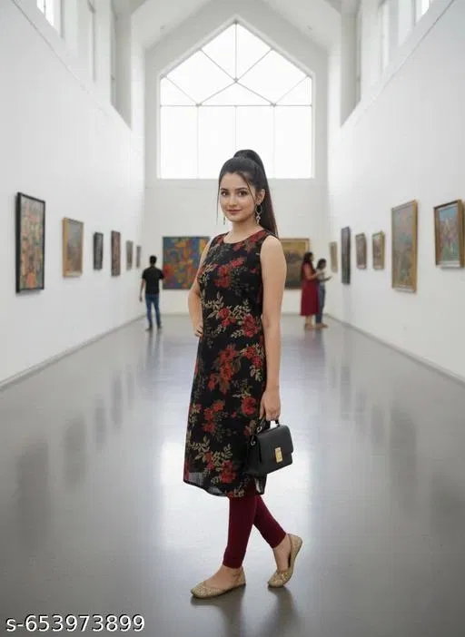 Printed Kurti for Women (Black, L)