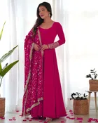 Georgette Solid Gown with Dupatta for Women (Pink, S)