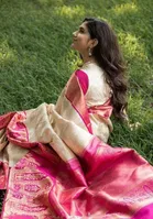 Litchi Silk Zari Embroidered Saree for Women, White 