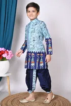 Dupion Silk Printed Kurta with Dhoti for Boys, Blue 