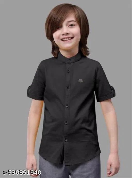 Solid Cotton Blend Mandarin Collar Short Sleeve Shirt for Boys (Black, 8-9 Years)