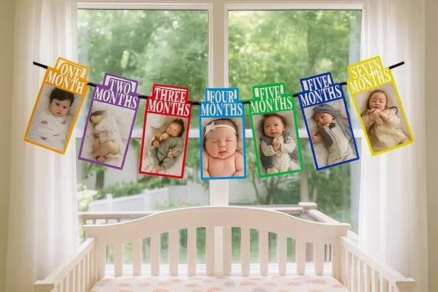 Multicolor 1 to 12 Month Rainbow Baby and Couple Banner with Front Side Photo Space & Sweet Memory Writing Space Back Side of Banner(Pack of 1)