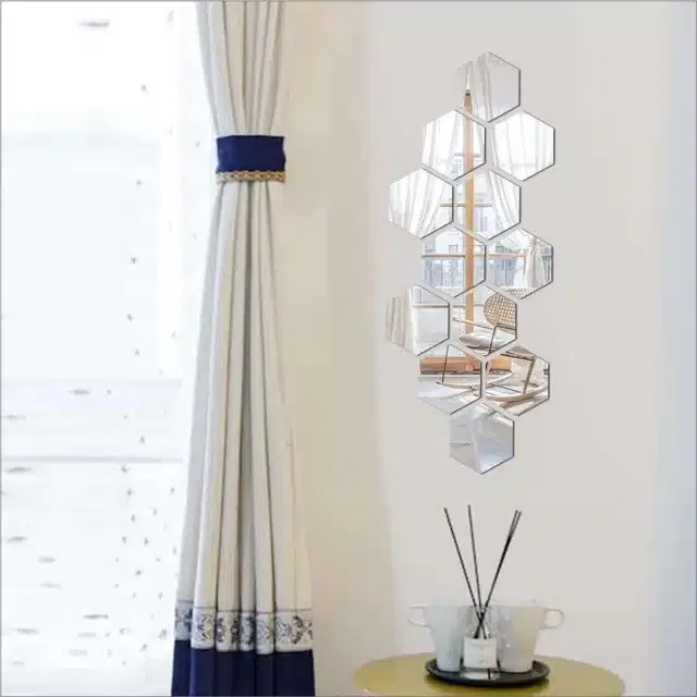 Acrylic Hexagon Shaped Wall Mirror Stickers (Silver, Pack of 12)