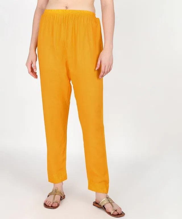 Rayon Solid Trousers for Women (Yellow, XXL)