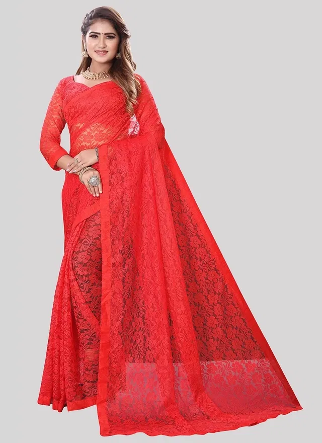 Net Floral Saree for Women (Red, 6.3 m)