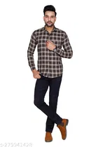 Cotton Blend Checked Shirt for Men, Brown 