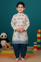 Cotton Blend Printed Kurta with Dhoti for Boys, White & Blue 