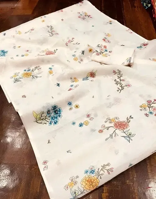 Cotton Linen Printed Saree for Women (White, 6.3 m)