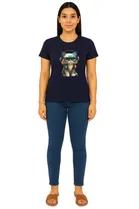 Cotton Blend Printed T-shirt for Women, Navy Blue 