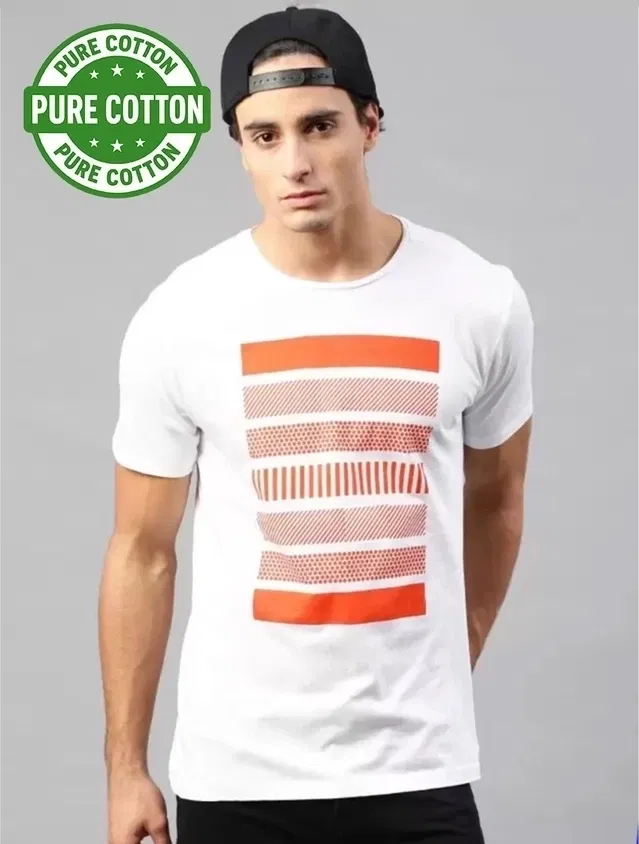 100% Cotton Round Neck Printed T-Shirt for Men (White, XL)
