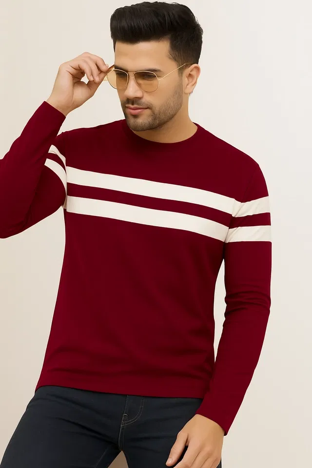 Polyester Striped T-Shirt for Men (Maroon, XL)