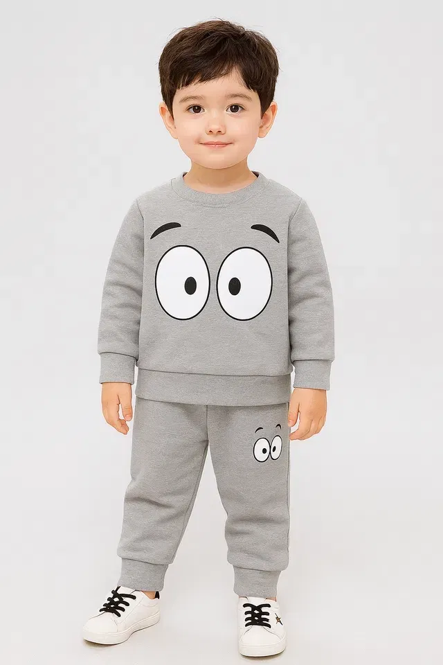 Cotton Blend Printed Clothing Set for Boys (Grey, 2-3 Years)