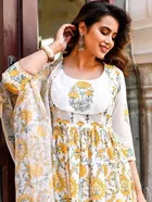 Cotton Blend Printed Anarkali Women's Kurta with Pant & Dupatta Set 