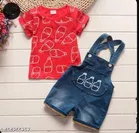Hosiery Cotton & Denim Printed Clothing Set for Kids, Red 