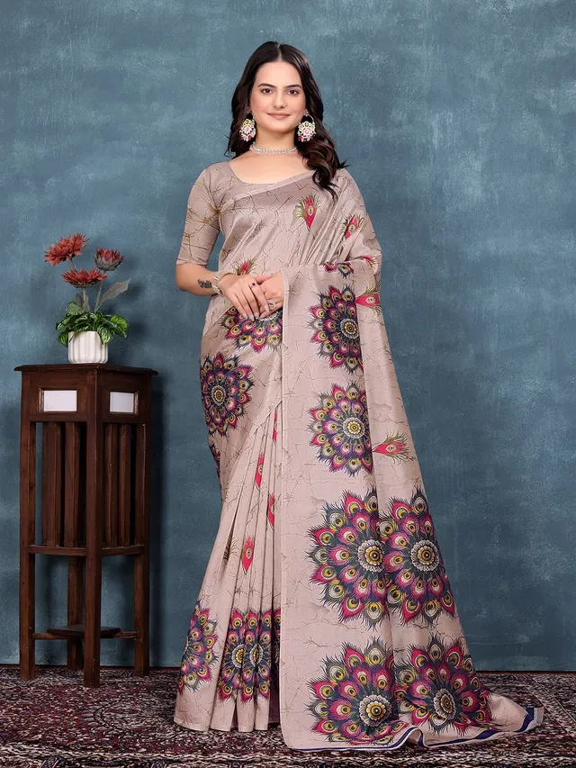 Mysore Silk Printed Saree for Women (Brown, 6.3 m)