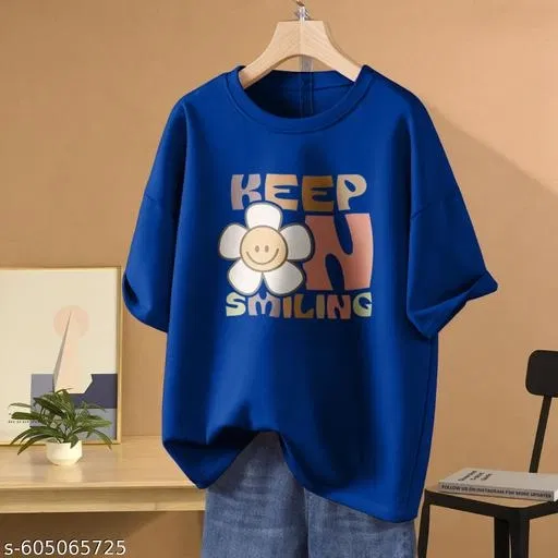 Cotton Blend Printed T-shirt for Women, Blue (XS)