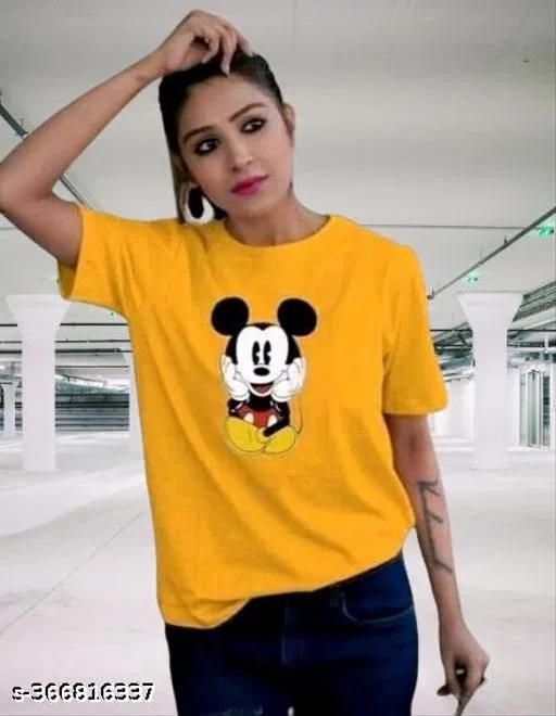 Polyester Printed T-Shirt for Women, Yellow (M)