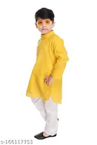 Cotton Solid Kurta with Pyjama for Boys (2-3 Years, Yellow & White)