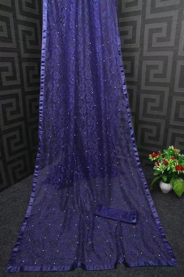 Net Solid Saree for Women (Navy Blue, 6.3 m)