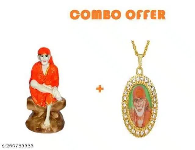 Sai Baba Pendant & Showpieces (Orange & Gold, Set of 2)