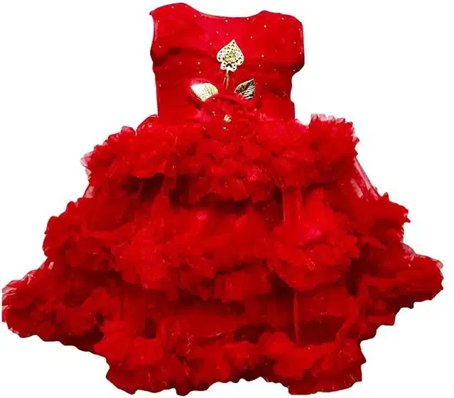 Netted Frock for Girls (Red, 2-3 Years)