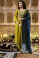 Cotton Blend Embroidered Kurta with Pant & Dupatta for Women 