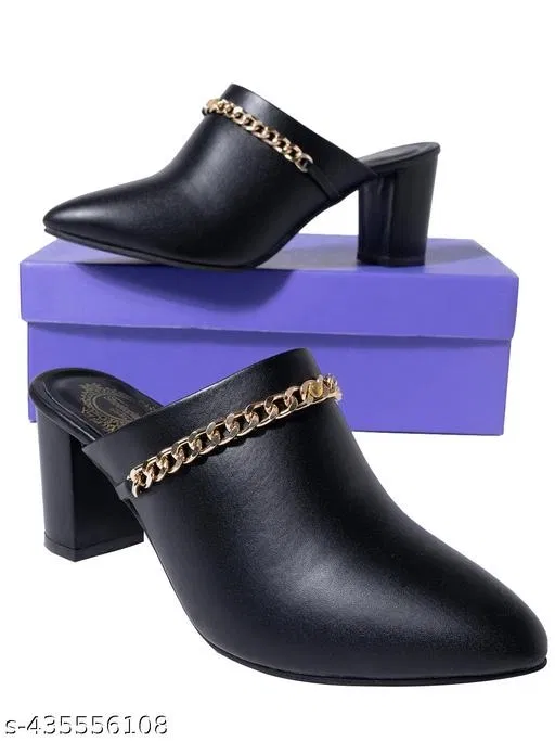 Shoetopia Solid Pointed Toe Block Heels for Kids (Black, 11-12 Years)