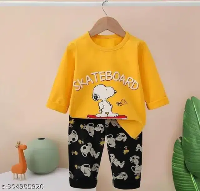 Hosiery Cotton Full Sleeves T-Shirt with Pant Clothing Set for Kids (Yellow & Black, 9-12 Months)