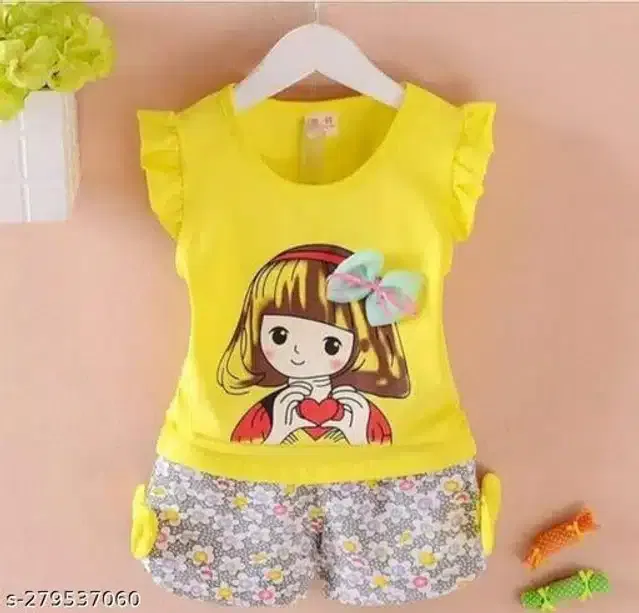Hosiery Cotton Sleeveless Top & Bottom Clothing Set for Girls (Yellow & Grey, 18-24 Months)