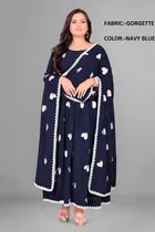 Georgette Ethnic Motif Gown with Dupatta for Women (Navy Blue & White, XXXL)