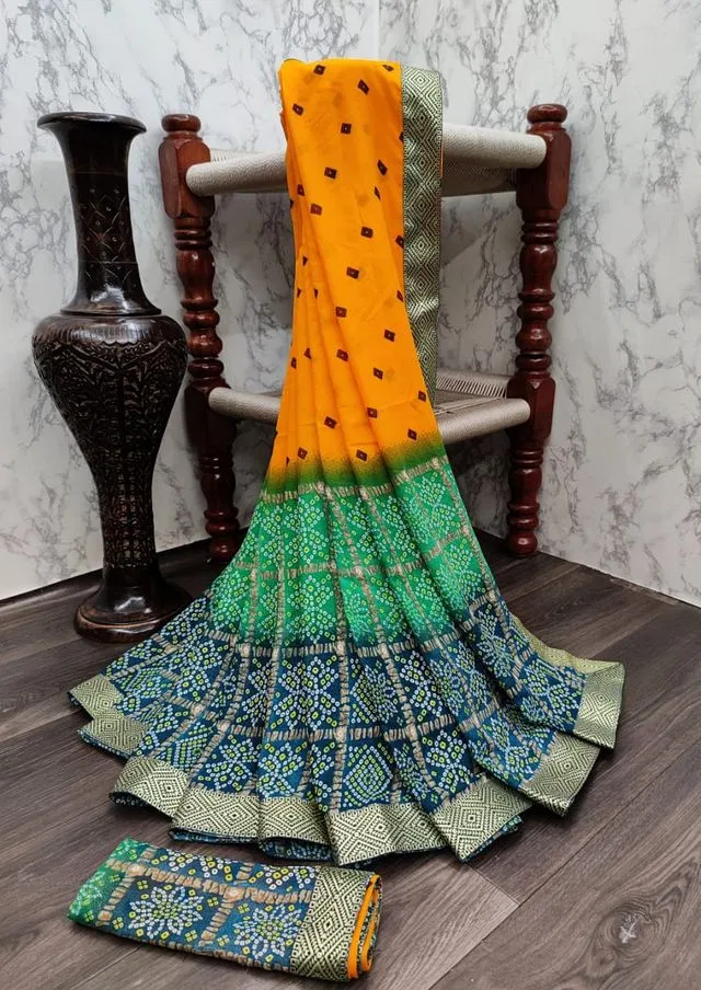 कानूड़ा फैंसी विमेंस जॉर्जेट फ्लावर प्रिंटेड साड़ी (टील, 5.5 M) (K7)