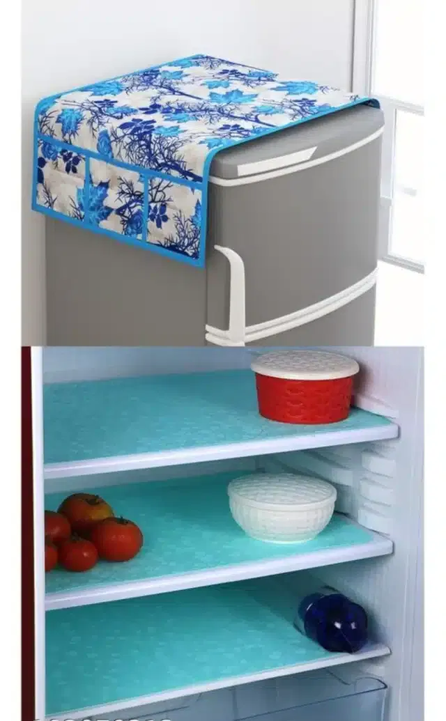 Knit Printed Fridge 3 Pcs Mat with Top Cover (Blue, Set of 1)