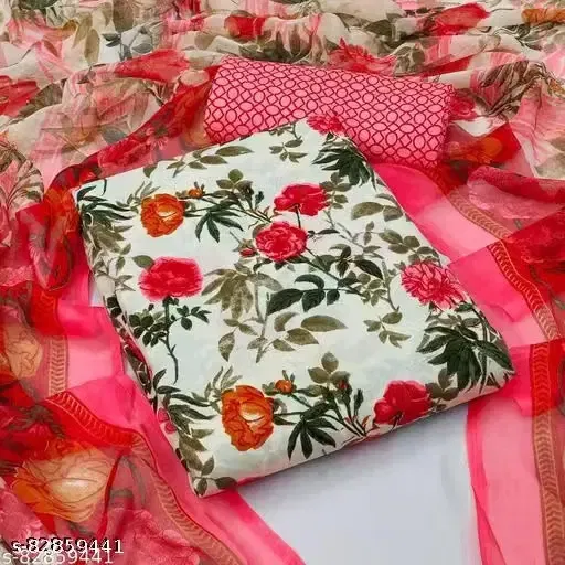 Floral Print Cotton Blend Unstitched Suit Fabric for Women, White & Pink