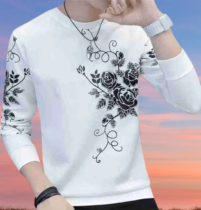 Full Sleeves Round Neck Printed T-Shirt for Men (White, L)
