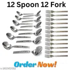 Stainless Steel 12 Pcs Spoons with 12 Pcs Forks (Silver, Set of 2)