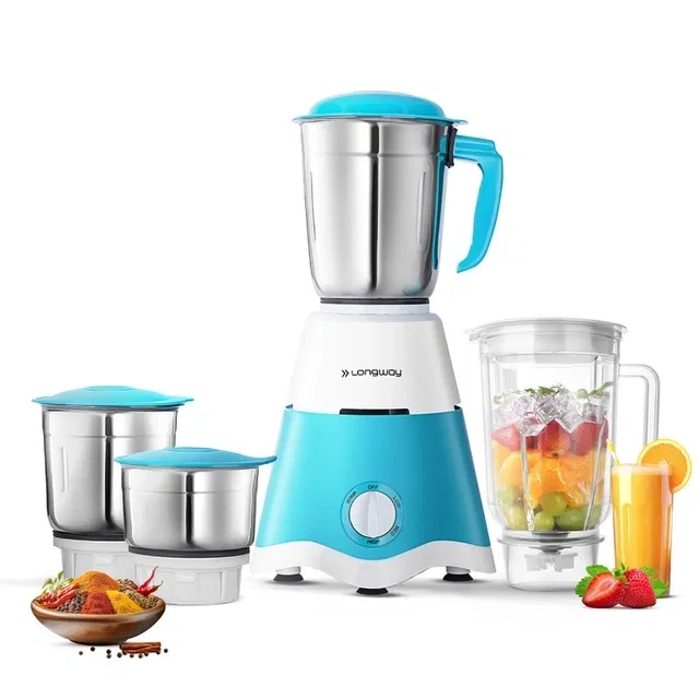 Longway जूसर मिक्सर ग्राइंडर (750 वॉट तक, 4 जार, सफेद और नीला)