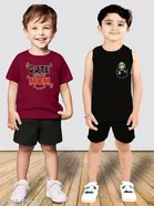 Cotton Blend Printed Clothing Set for Boys, Maroon & Black, Pack Of 2 