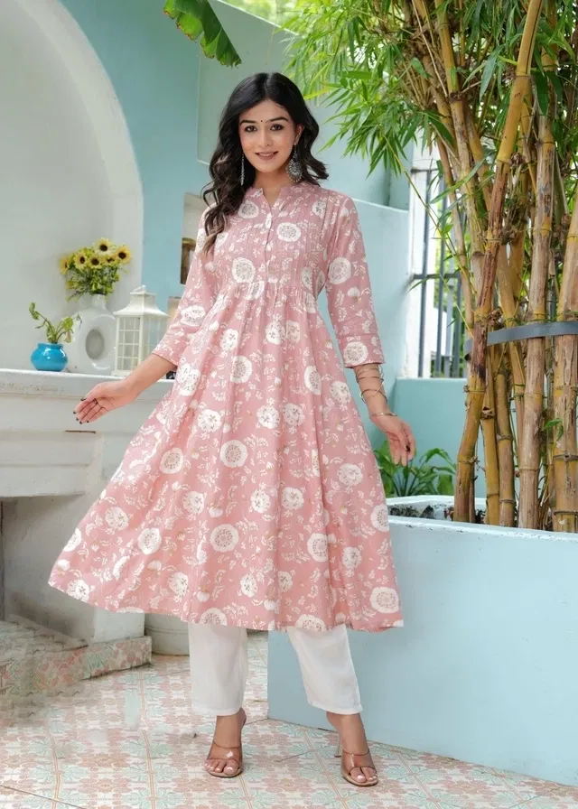 Rayon Floral Print Anarkali Kurti for Women (Pink, M)