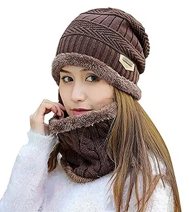Winter Cap with Neck Warmer for Women (Brown, Set of 1)