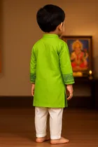 Cotton Printed Kurta with Payjama for Boys, Green & White 