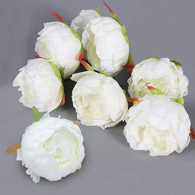 Artificial Peony Flowers Bunches for Diwali Decoration (White, Pack of 6)