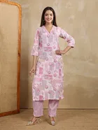 Cotton Blend Printed Kurta with Pant for Women 