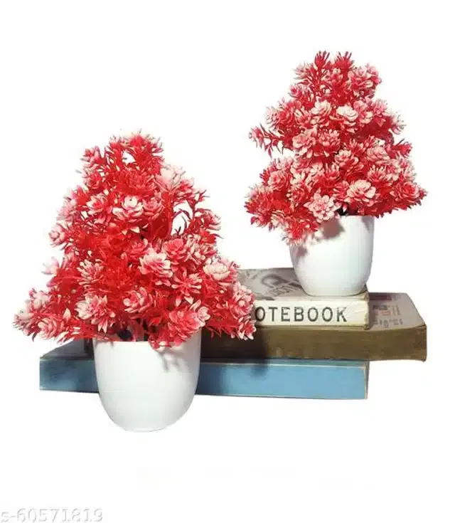 Artificial Plants with Pot (Red & White, Pack of 2)