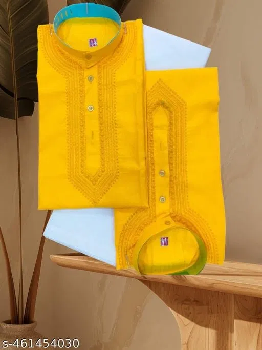 Cotton Solid Kurta Set for Men, Yellow & White, Pack of 2 (XXL)