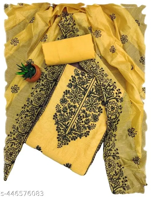 Cotton Chanderi Unstitched Suit for Women (Yellow, Free Size)
